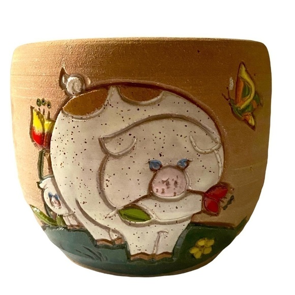 Vintage Signed Hand Painted Pottery Pig Butterfly Motif 1985 - Picture 1 of 8